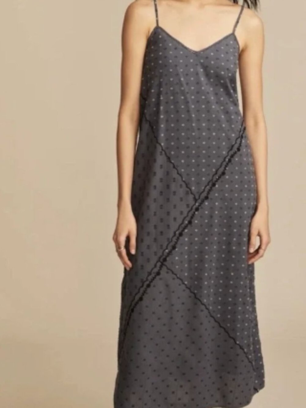 Lucky Brand Navy Blue Slip Maxi Dress with Subtle Dot Print Handkerchief Print